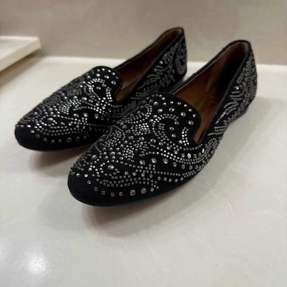 Donald J Pliner embellished black and silver-jeweled loafers
